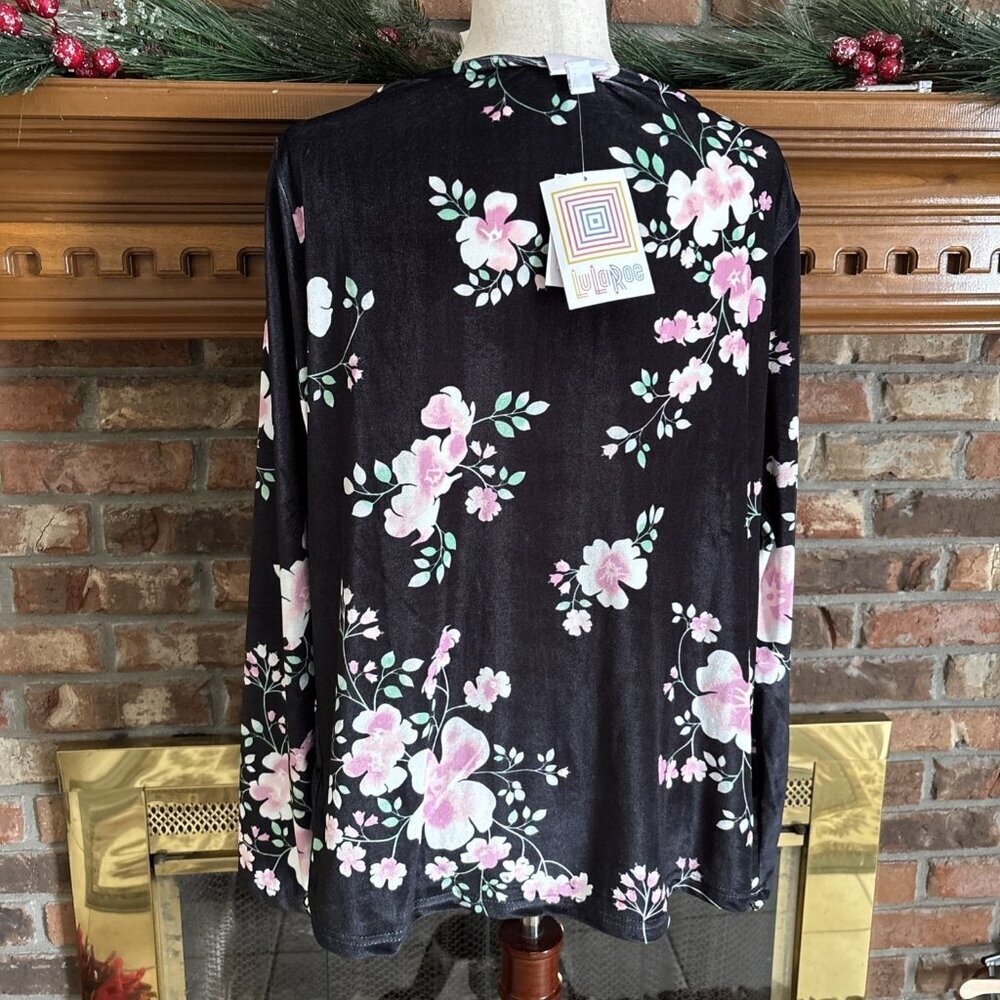 lularoe black velvet Blouse Pink Floral Catherine Size Large NWT - Picture 2 of 6